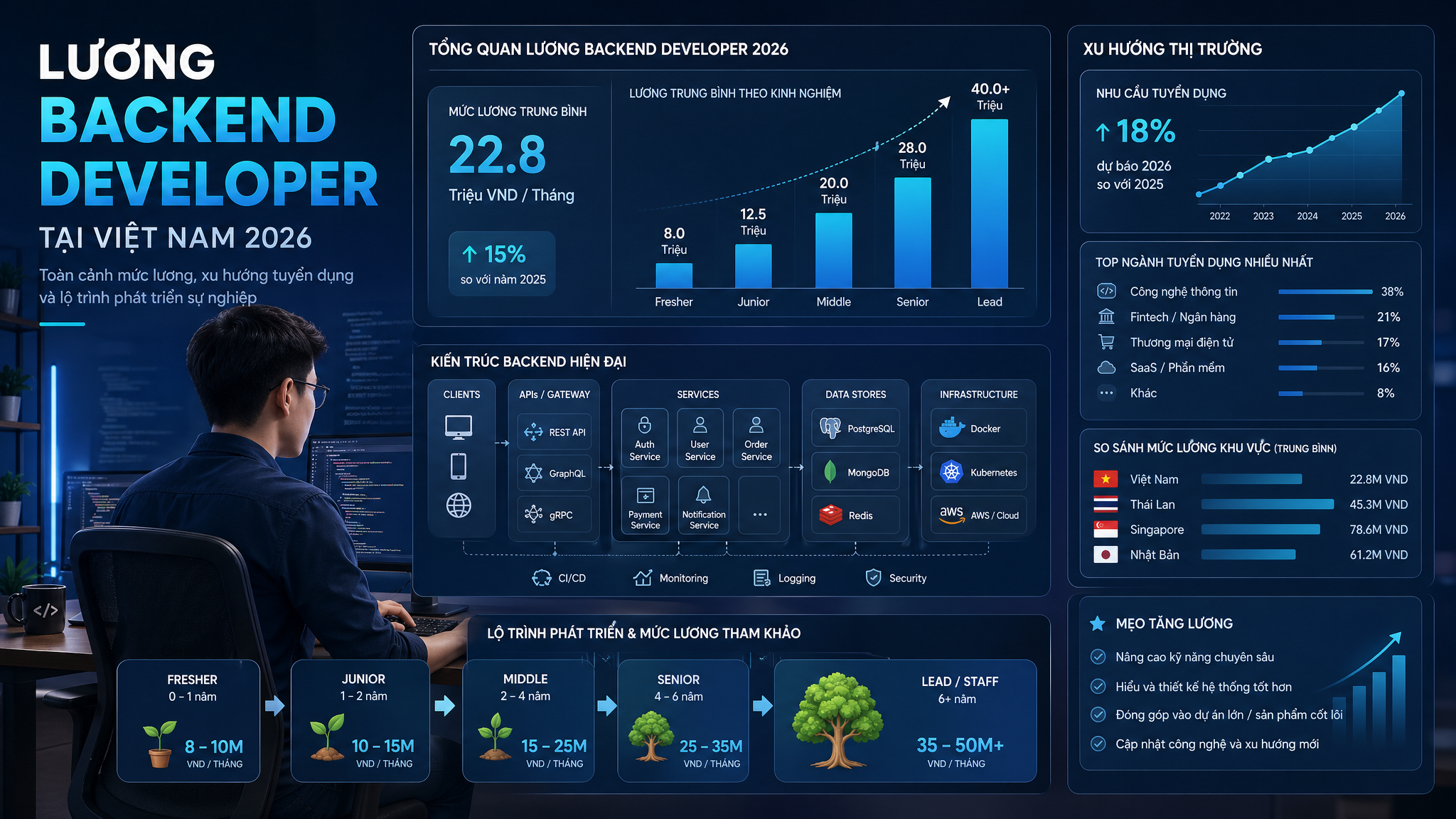 Mức lương Backend Developer năm 2026: Fresher, Junior, Senior