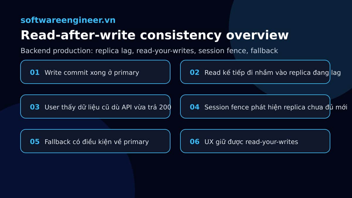 Read-after-write consistency trong production: xử lý replica lag, stale read và UX sai trạng thái