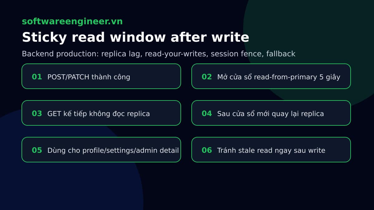 Timeline sticky read to primary sau write để tránh stale read từ replica
