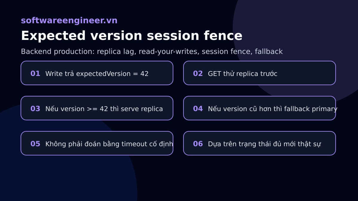 Session consistency token với expected version để bảo đảm read your writes
