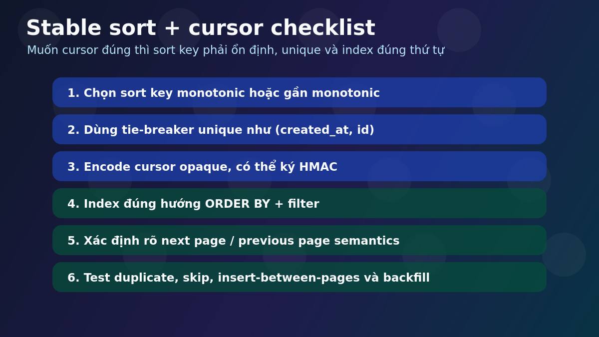 Checklist thiết kế stable sort key và cursor an toàn cho API production