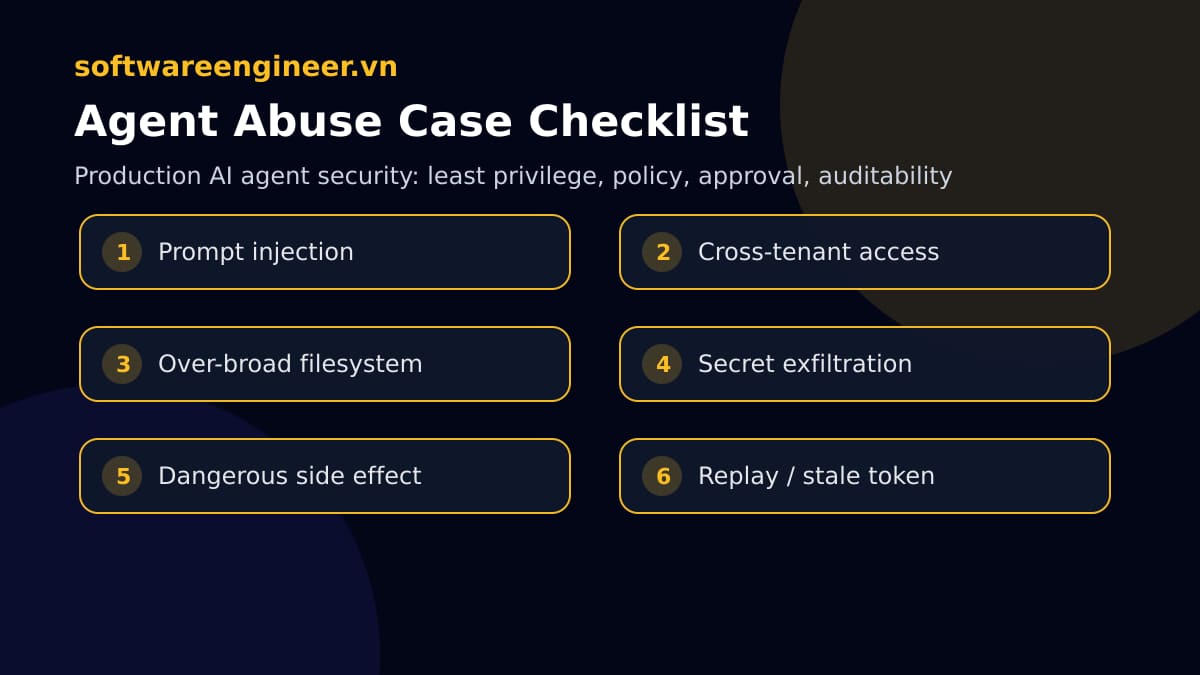 Checklist kiểm thử abuse case cho AI agent tool permission scoping