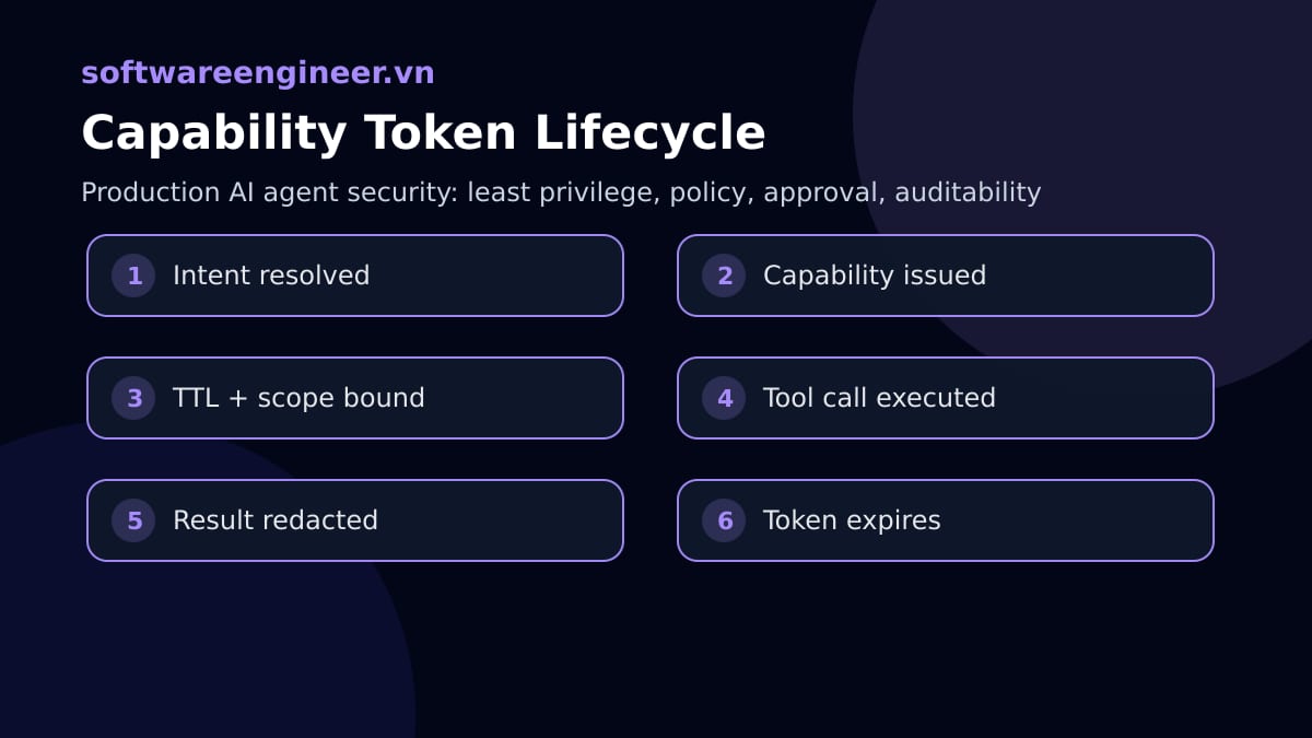Vòng đời capability token cho tool call từ request đến audit log