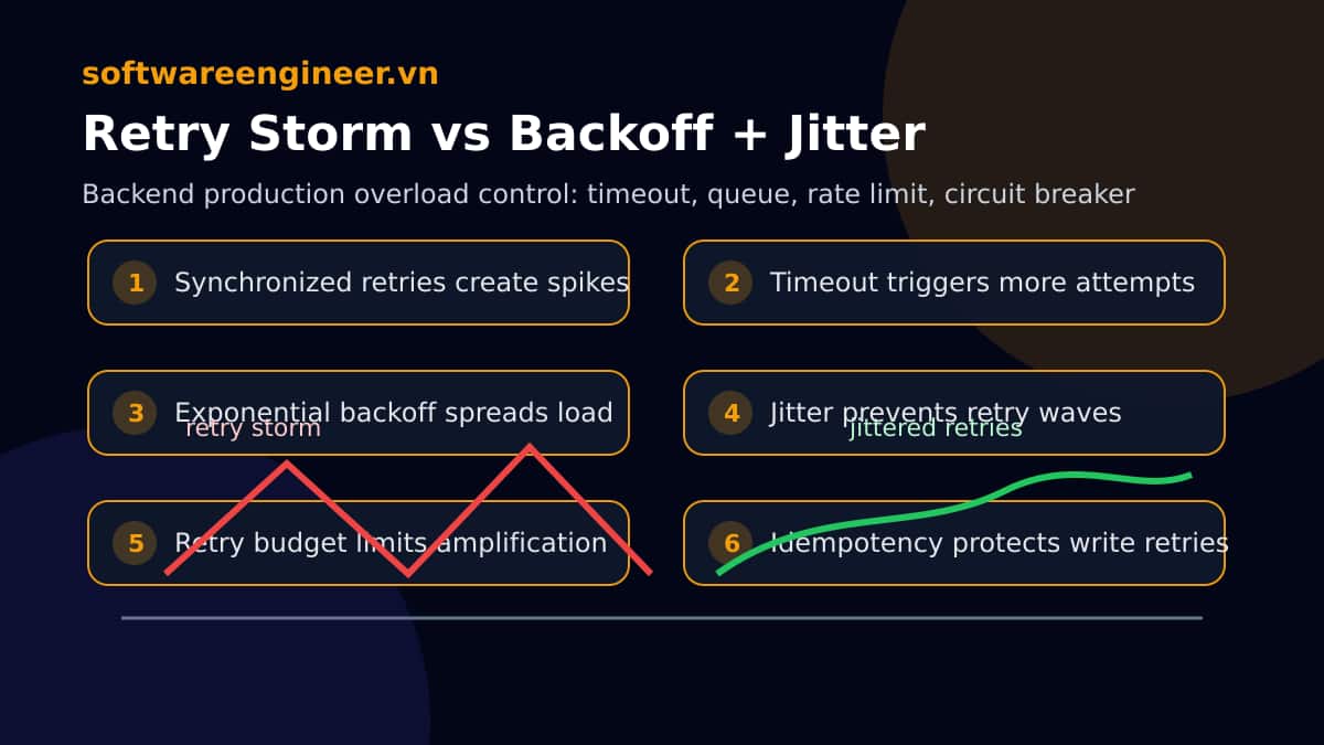 So sánh retry đồng loạt và retry có backoff jitter để giảm overload