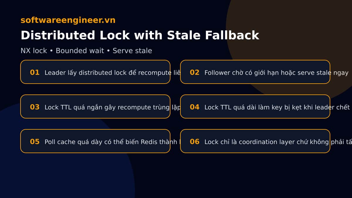 Distributed lock cho cache recompute với stale fallback và bounded wait