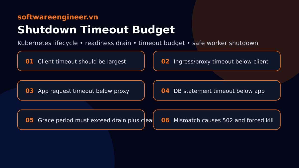 Sơ đồ timeout budget cho graceful shutdown gồm client ingress app database và termination grace period