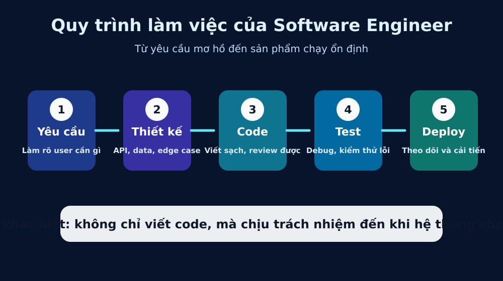 Quy trình software engineer biến yêu cầu thành sản phẩm chạy ổn định