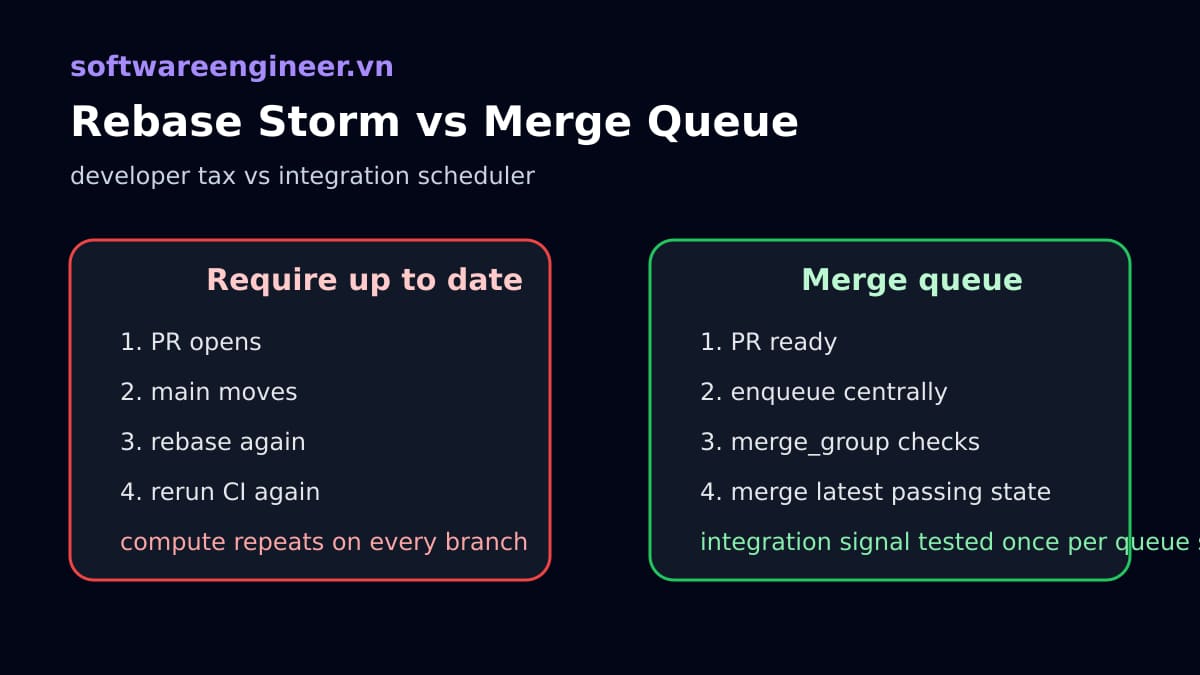 So sánh require branch up to date với merge queue trong monorepo CI