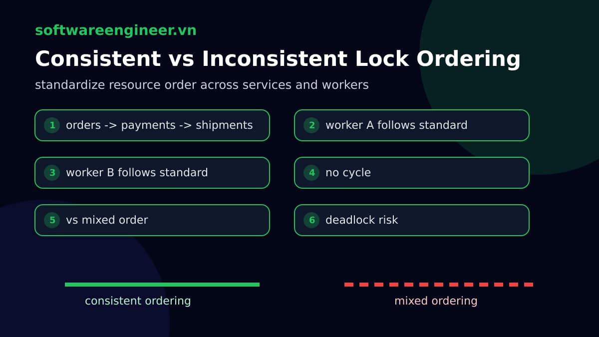 So sánh thứ tự khóa nhất quán và không nhất quán gây deadlock trong backend production