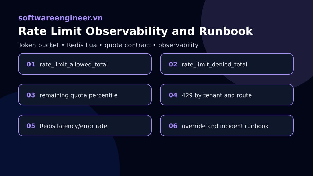 Checklist metric và runbook cho rate limit gồm allow deny saturation retry-after và top throttled tenants
