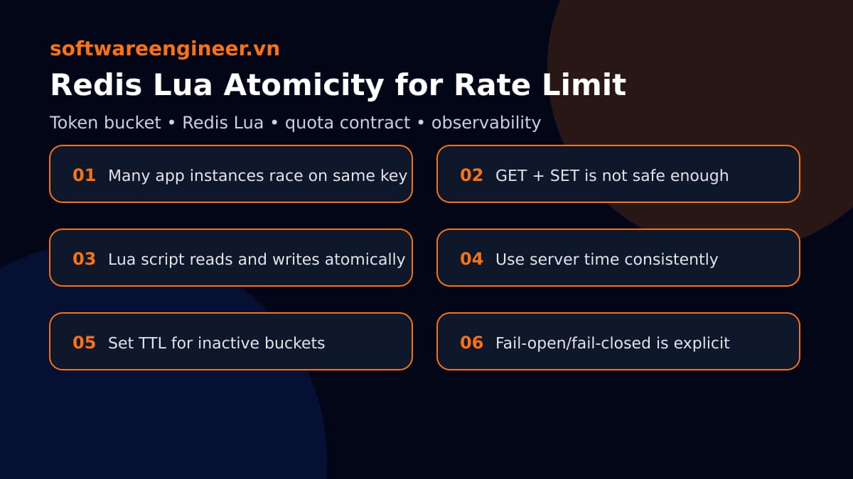 Sơ đồ dùng Redis Lua script để cập nhật bucket atomically tránh race condition giữa nhiều instance