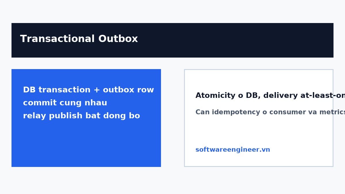 Sơ đồ Transactional Outbox với DB transaction, outbox row và relay publish event